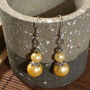 Handcrafted Light Champagne Yellow Antiqued Silver Glass Pearl Drop Earrings